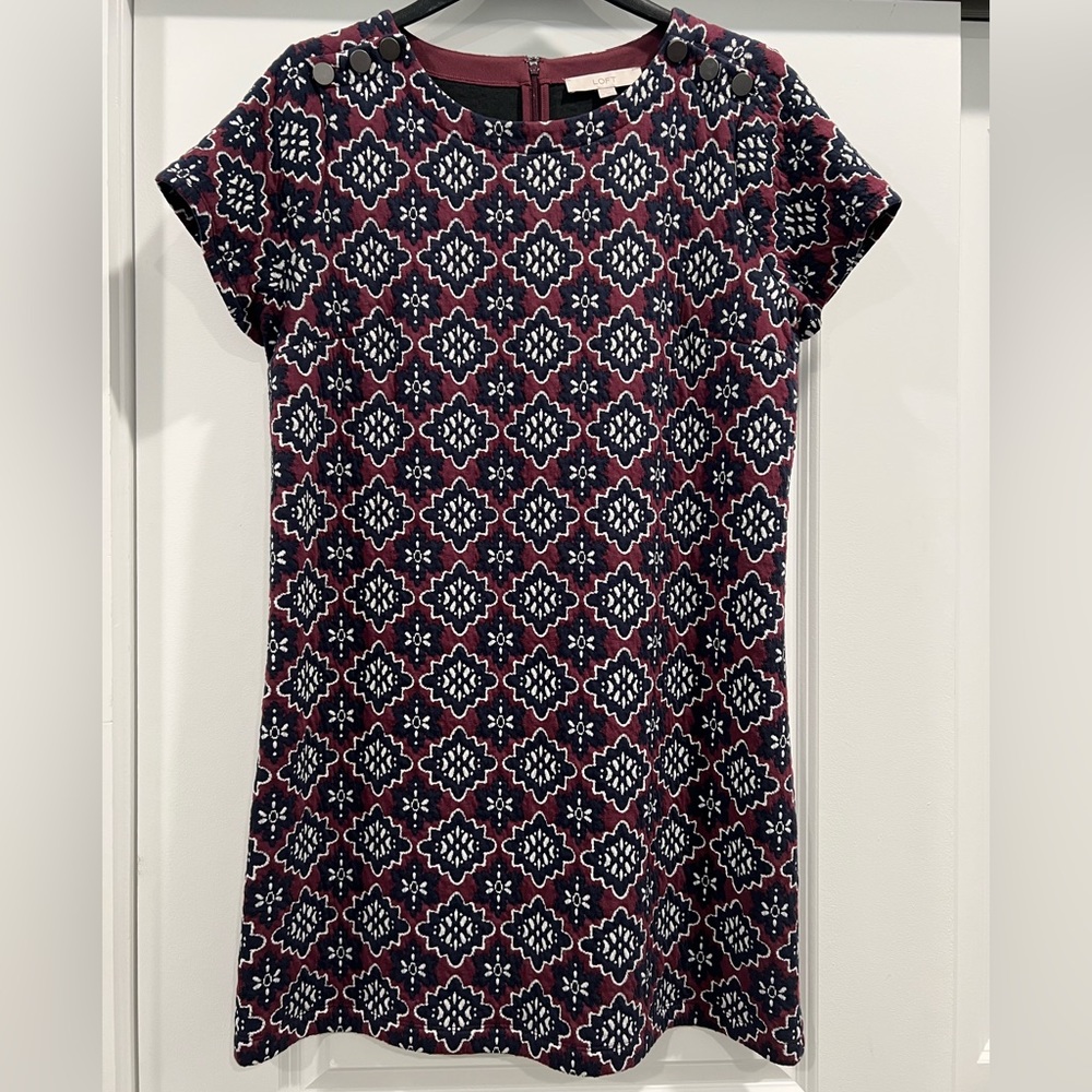 LOFT Shift Dress Women's Size 14 Medallion Jacquard Cotton Blend Sort Sleeve